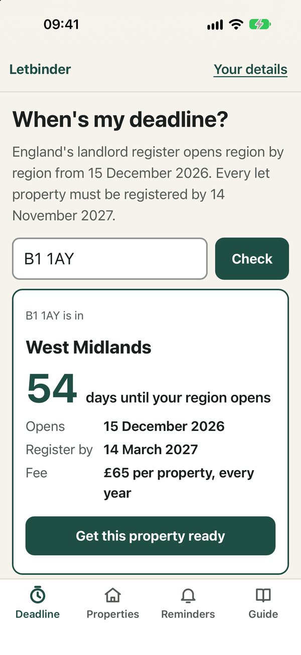 The deadline check: a postcode, its region and the days until it opens