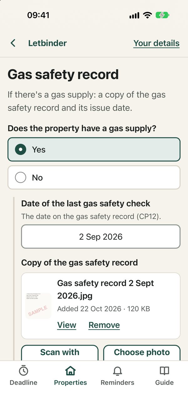 A gas safety record saved with a property