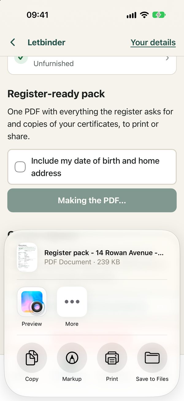 The PDF pack in the share sheet
